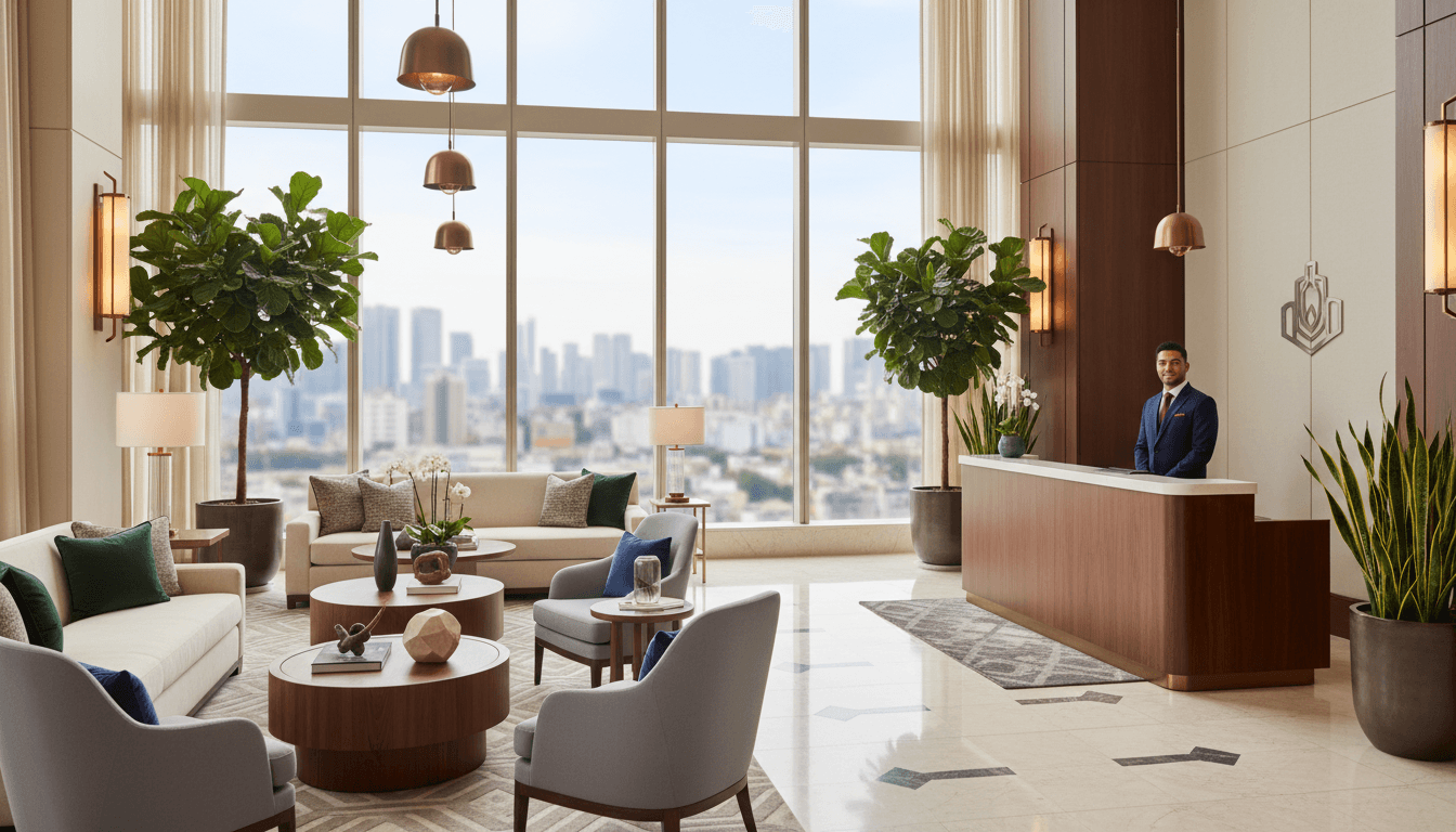 Hotel lobby with concierge desk and modern interior design