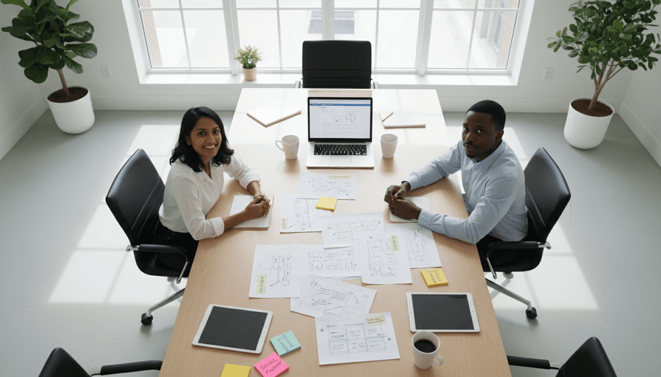 Hotel owner consulting with an AI implementation expert in a meeting room