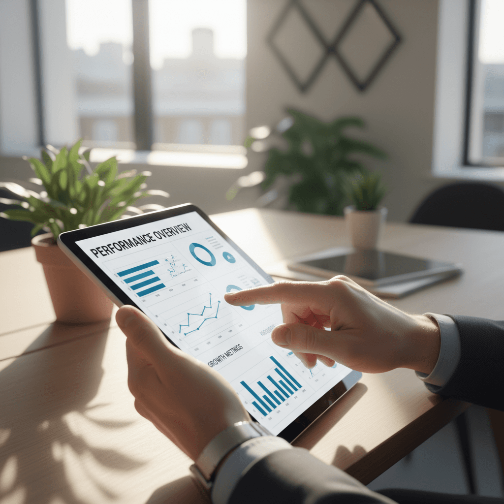 Professional analyzing data on tablet in hotel office