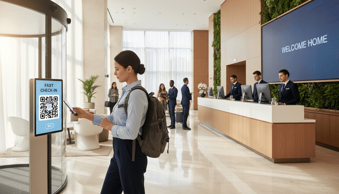 Hotel lobby with front desk and modern technology